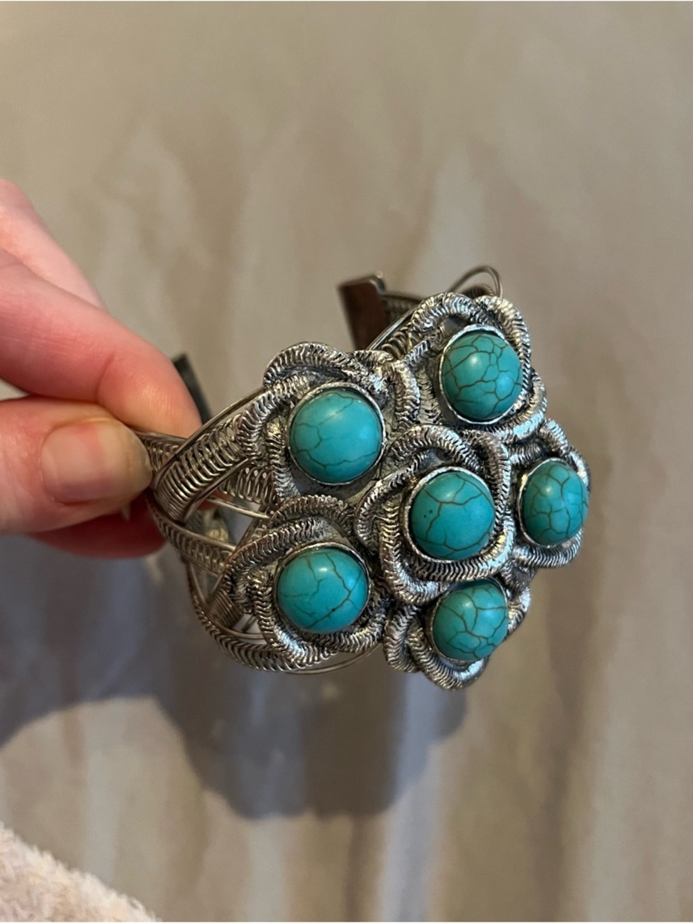 Turquoise and Silver-Tone Floral Cuff Bracelet - Vintage Western Costume Jewelry